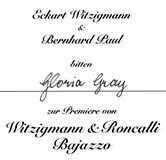 persönliche Einladung für Gloria Gray zur Premiere von Witzigmann & Roncalli Bajazzo im Spiegelpalast im Schlossviertel Nymphenburg in München