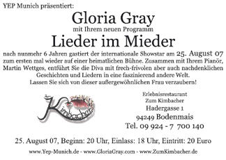 25.08.2007: Gloria Gray mit ihrem neuen Programm LIEDER IN MIEDER beim Kimbacher in Bodenmais